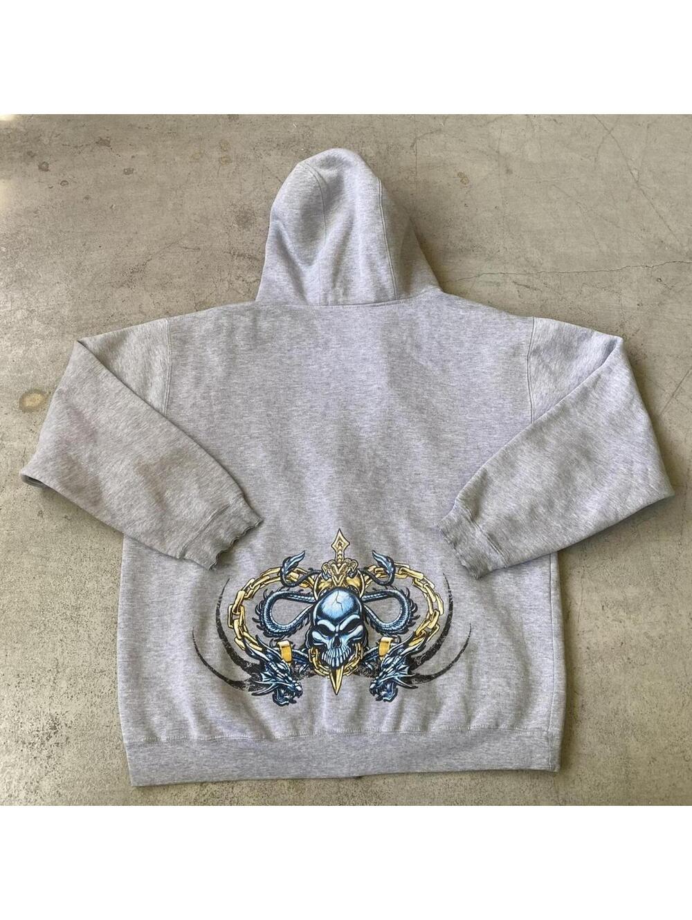 Vintage Y2K Top Heavy Skull Dragon Hoodie Full-Zip Sweatshirt
